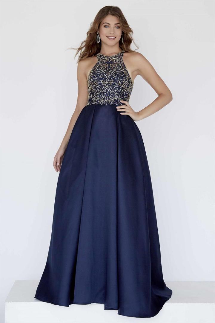 Jolene Collection - 18052 Beaded Illusion Halter Mikado A-line Dress