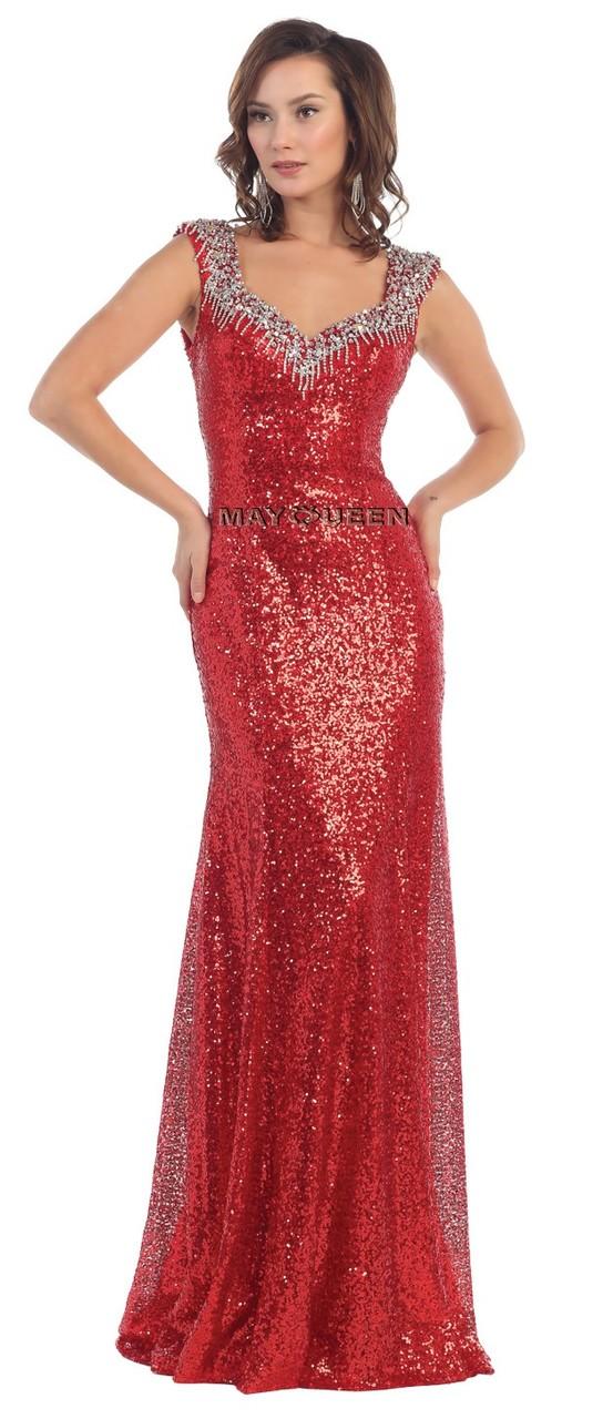Scintillating Sequined And Jeweled V-neck Long A-line Dress