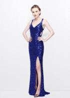 Primavera Couture - Sequined V-neck Multi-strap Sheath Gown 1761