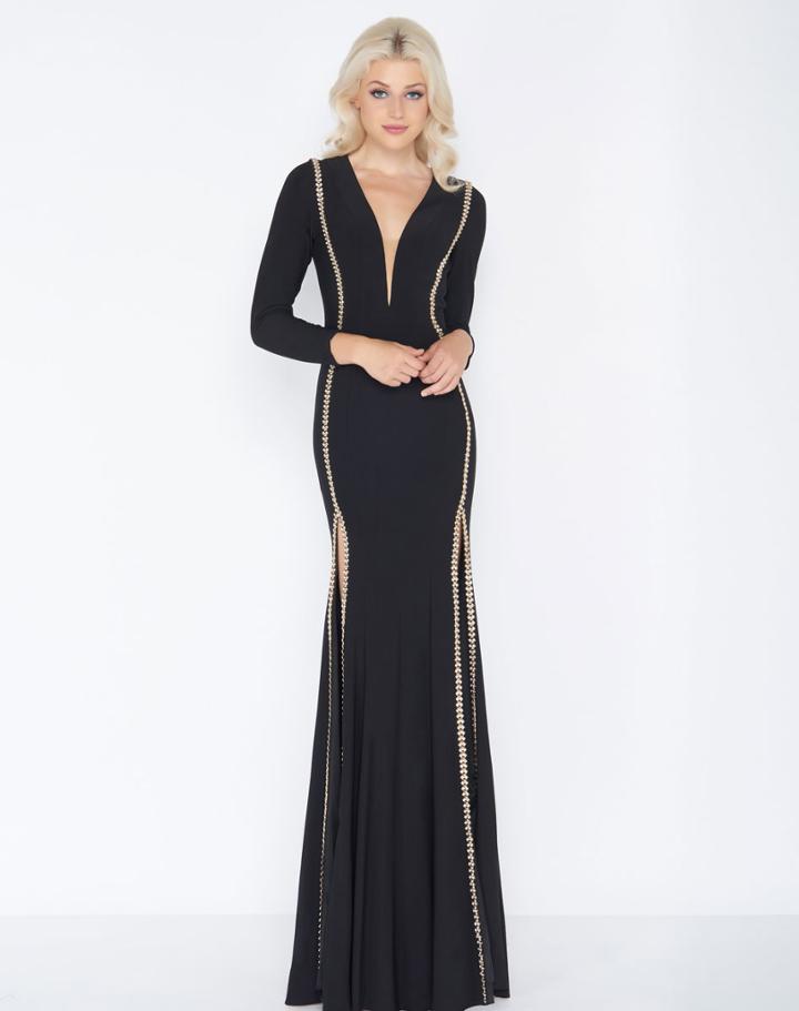 Cassandra Stone - 79186a Rhinestone Accented Deep V-neck Jersey Dress