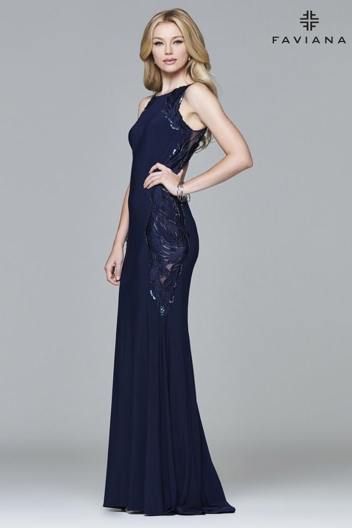 Faviana - S8003 Long Jersey Dress With Scoop Neck And Open Back