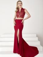 Tiffany Homecoming - Florid Lace V-neck Long Evening Gown With Side Slit 16192