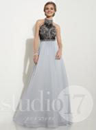 Studio 17 - Dazzling Laced And Beaded Choker Neck Chiffon A-line Gown 12619