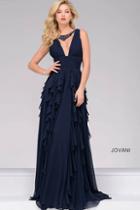 Jovani - Beaded V-neck Full Length A-line Ruffles Dress 47872