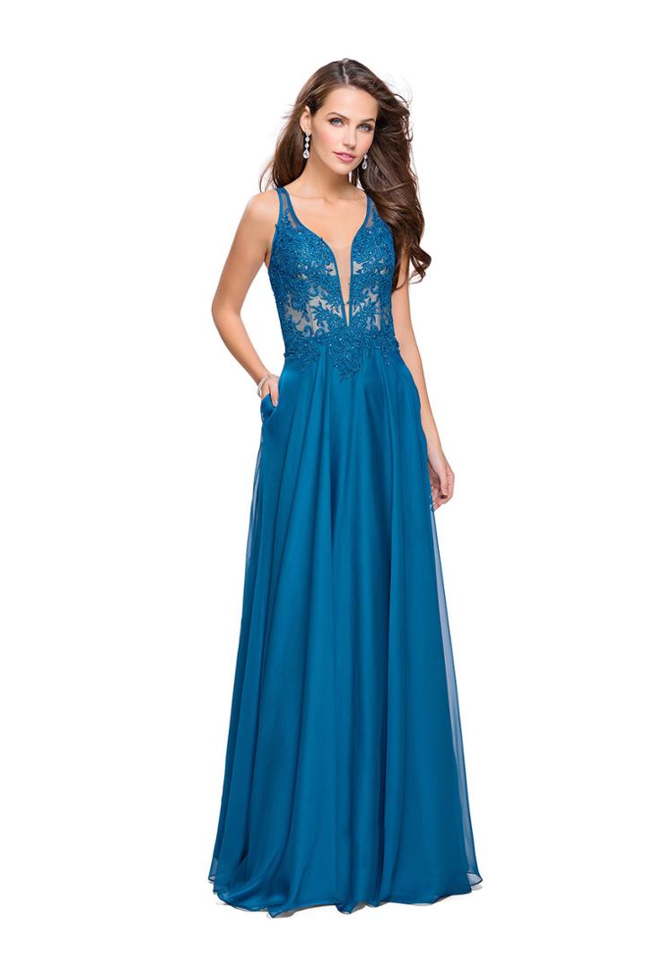 La Femme - 26082 Embellished Lace V-neck Chiffon A-line Gown