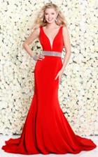 Shail K - Elegant Plunging V Neck Mermaid Gown With Shimmering Waistband 4090