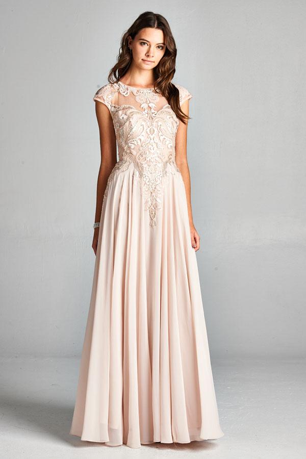 Aspeed - L1846 Applique Jewel Neck A-line Evening Dress