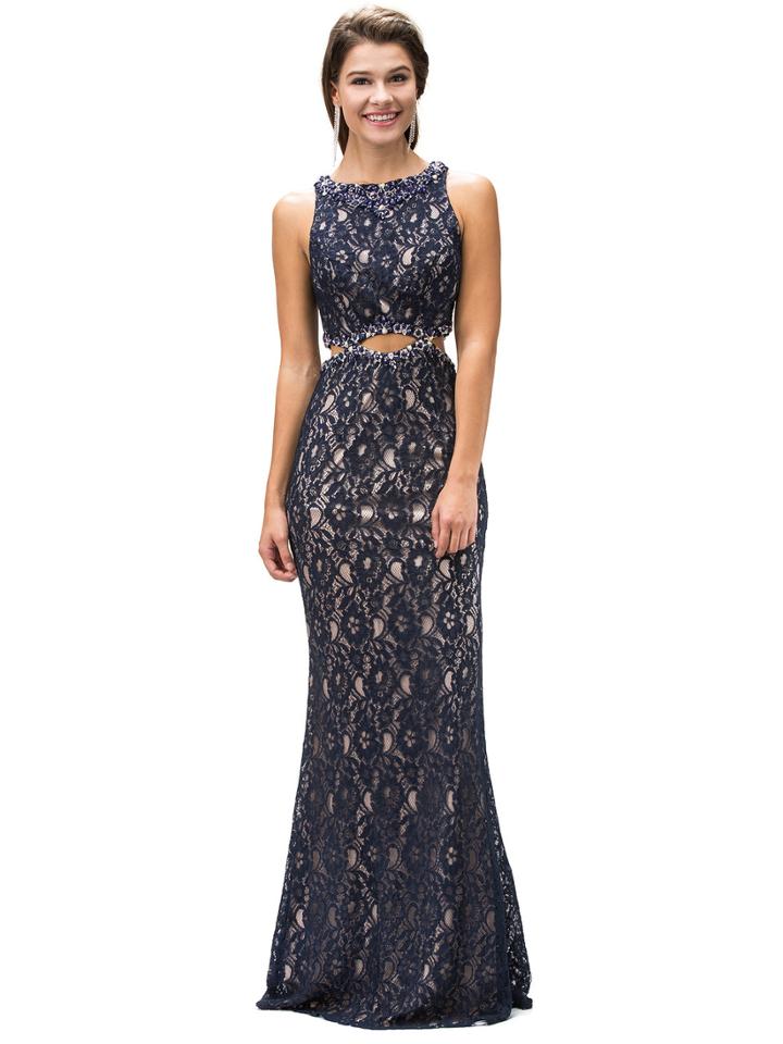 Sleek Bejeweled Laced Portrait Neck Column Dress