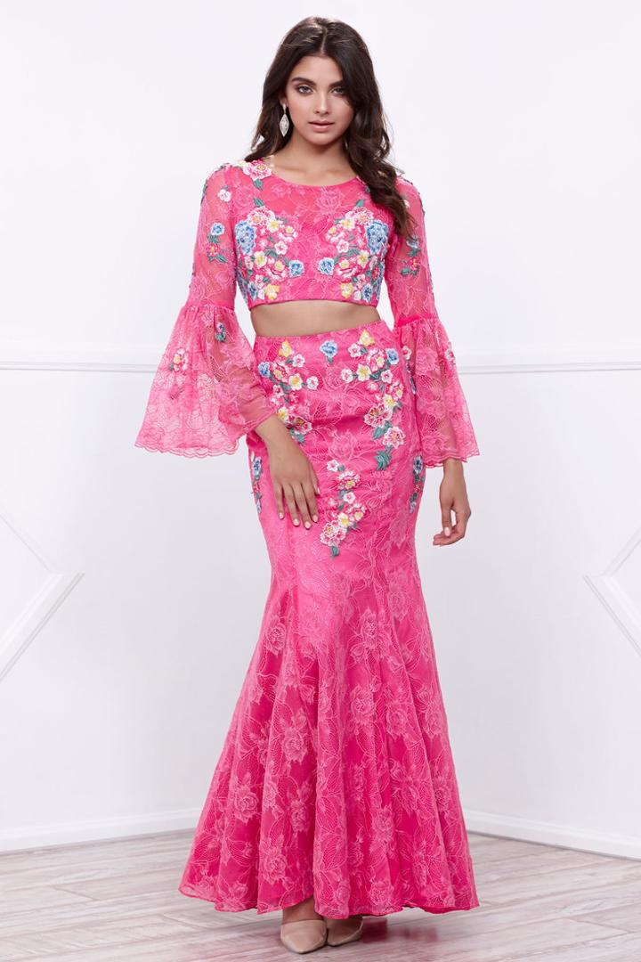 Lace And Floral Embroidered Two Piece Long Sleeve Round Neck Long Mermaid Dress