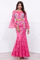 Lace And Floral Embroidered Two Piece Long Sleeve Round Neck Long Mermaid Dress