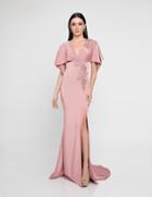 Terani Couture - 1813e6348 Caplet Sleeves Beaded Sheath Gown