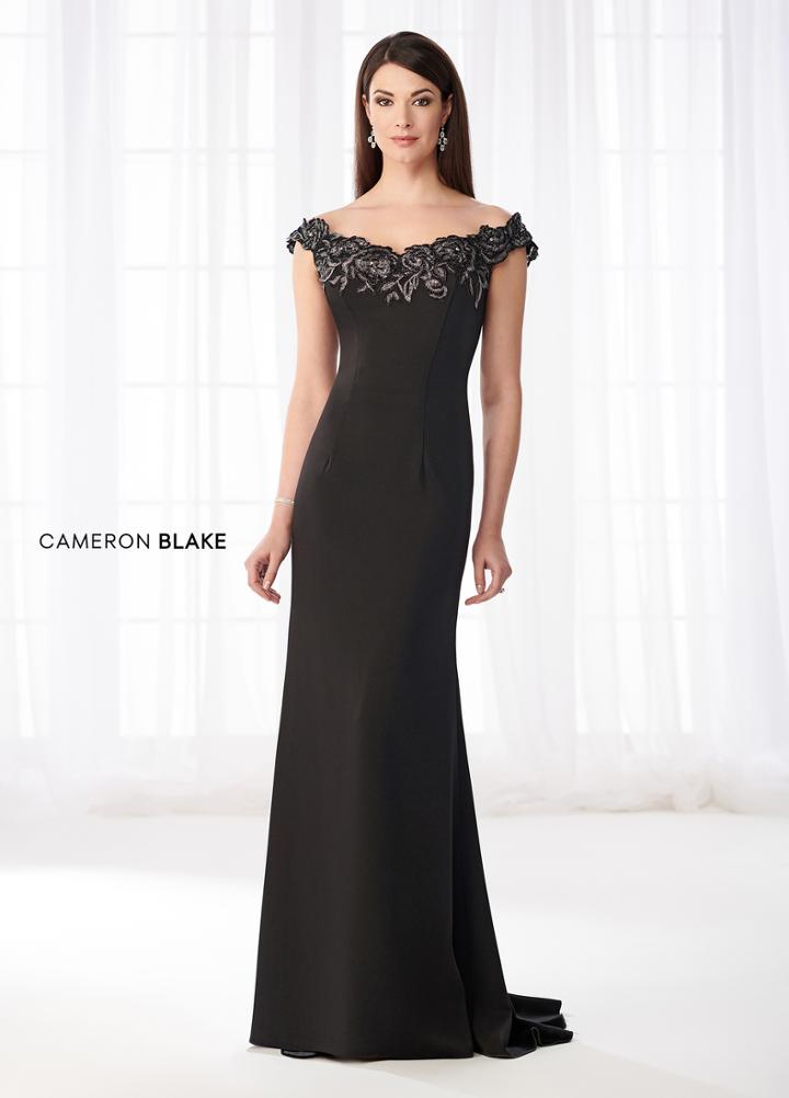 Cameron Blake - 218618 Metallic Lace Adorned Off Shoulder Long Gown