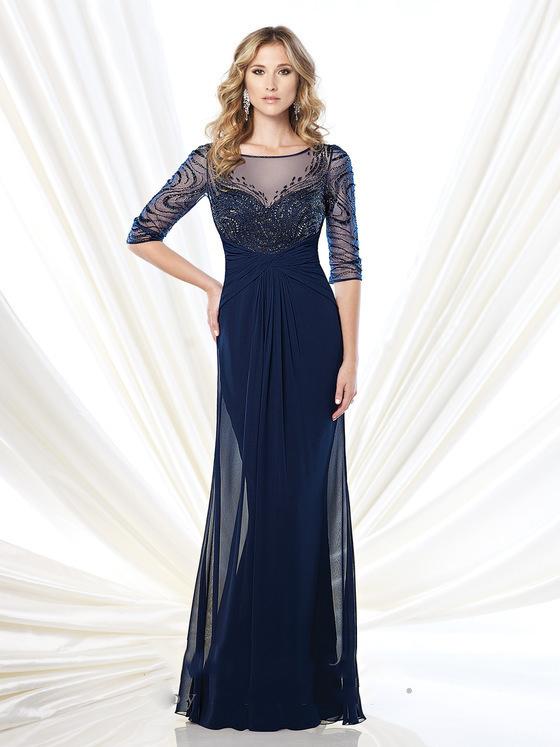 Montage By Mon Cheri - Hand-beaded Illusion Long Gown In Navy 215919
