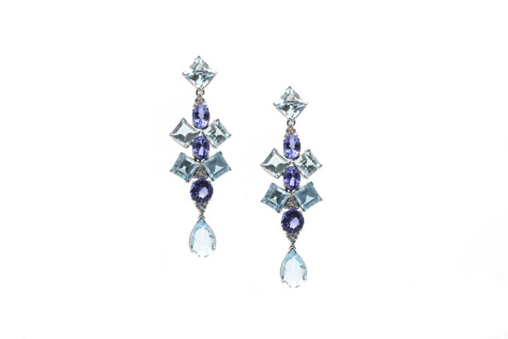 Tresor Collection - Tanzanite,aquamarine And Diamond Earring In 18kt Yellow Gold