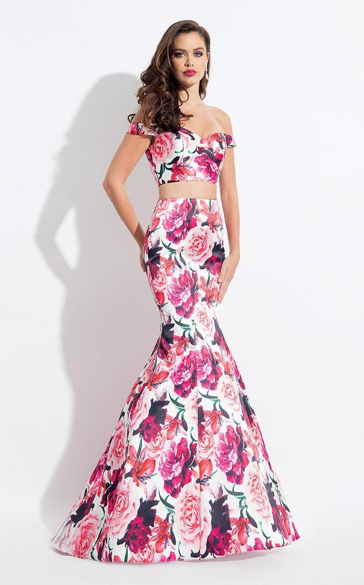Rachel Allan - 6127 Floral Print Off-shoulder Mermaid Dress