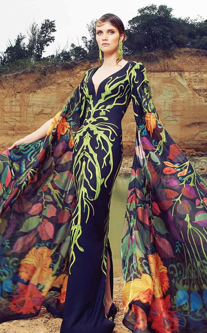 Mnm Couture - 2354 Ethereal Long-sleeve Flowing Patterned Gown