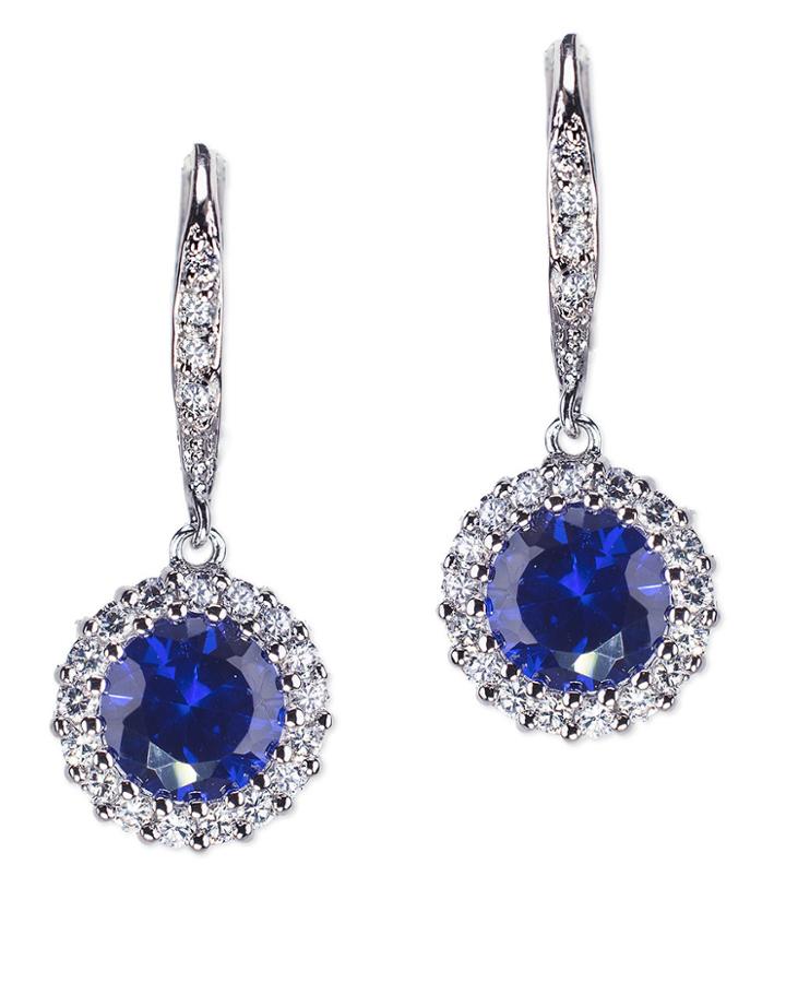 Cz By Kenneth Jay Lane - Classic Sapphire Round Drop Pierced Earring