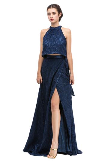 Eureka Fashion - Lace Halter Evening Dress With Slit