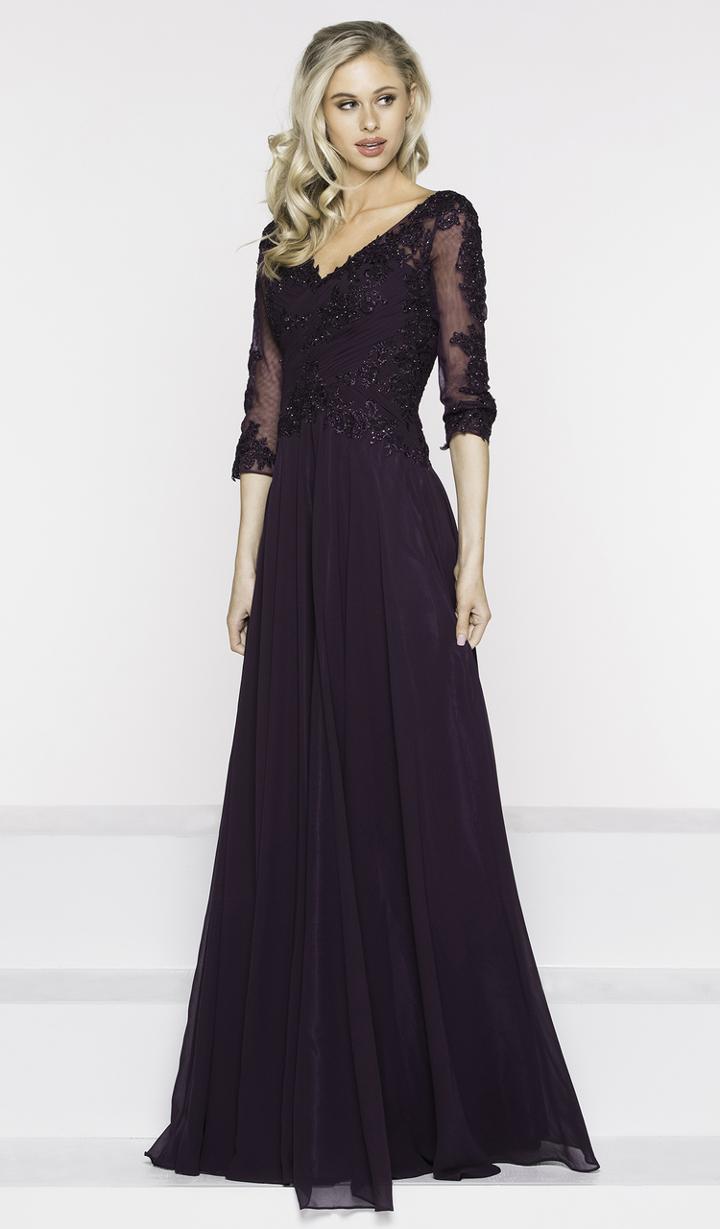 Marsoni By Colors - M237 V-neck Beaded Lace Applique Chiffon Dress