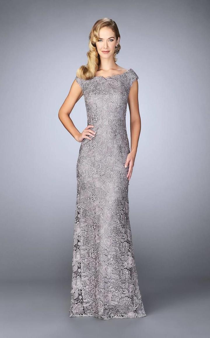La Femme - 24860 Floral Bateau Neck Cap Sleeves Sheath Long Dress