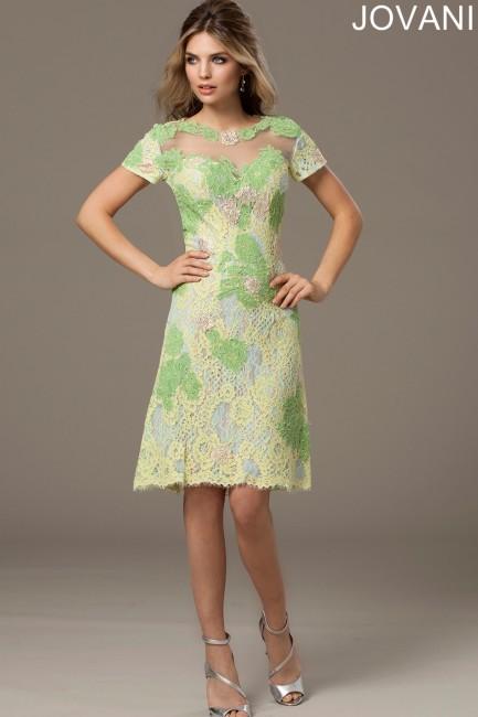 Jovani - Floral Lace Bateau Neckline Cocktail Dress 88904