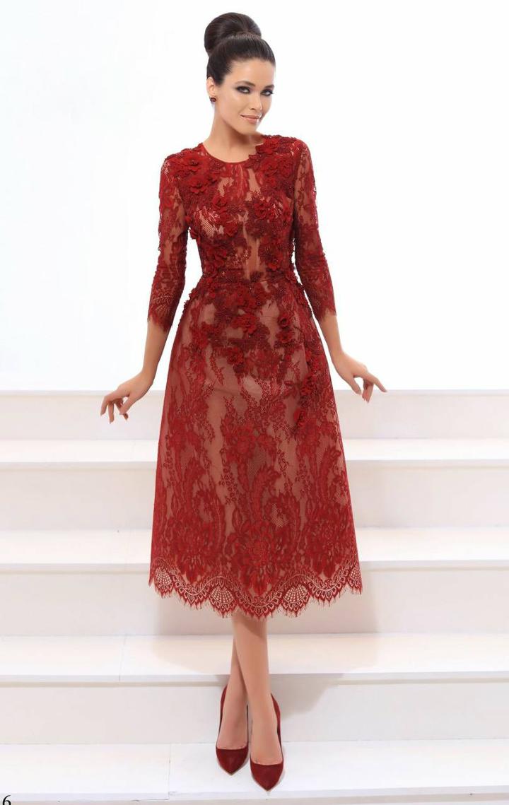Tarik Ediz - 93316 Quarter Sleeve Floral Lace Tea-length Dress