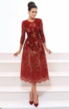 Tarik Ediz - 93316 Quarter Sleeve Floral Lace Tea-length Dress