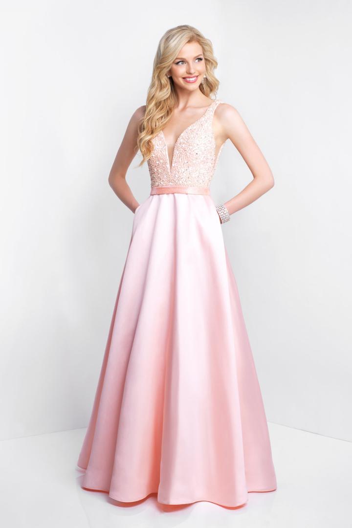 Blush - 5681 Pearl And Stone Embellished Plunging Gown
