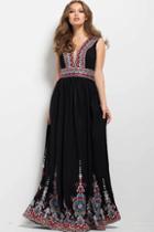 Jovani - 53103 V-neck Multicolor Embroidered Flowy Dress