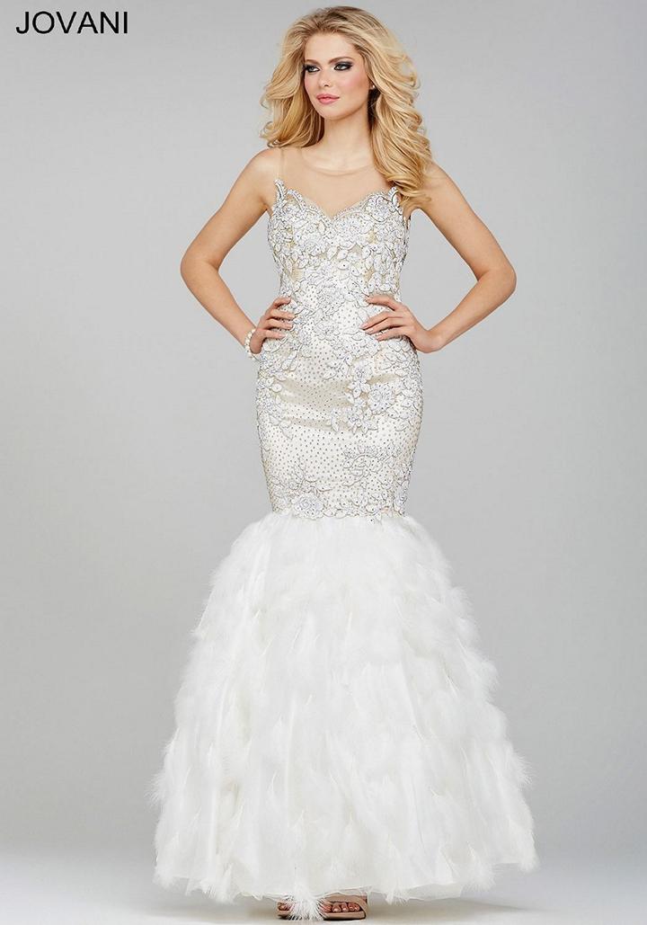 Jovani - 32079 Floral Fitted Feathered Mermaid Gown
