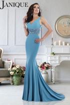 Janique - Classic Style V Neck Jersey Long Gown 1516