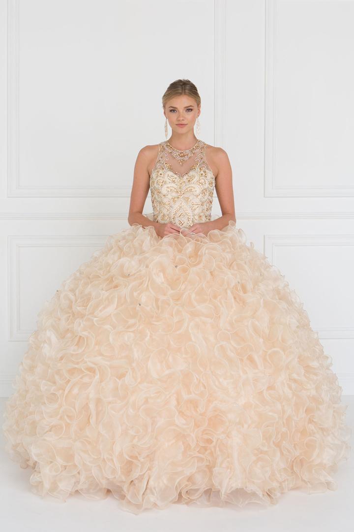 Elizabeth K - Gl1554 Bejeweled Organza Ruffled Ballgown