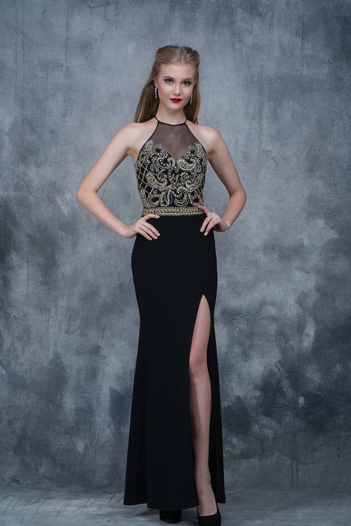 Nina Canacci - 3131 Bedazzled Illusion Halter Sheath Dress