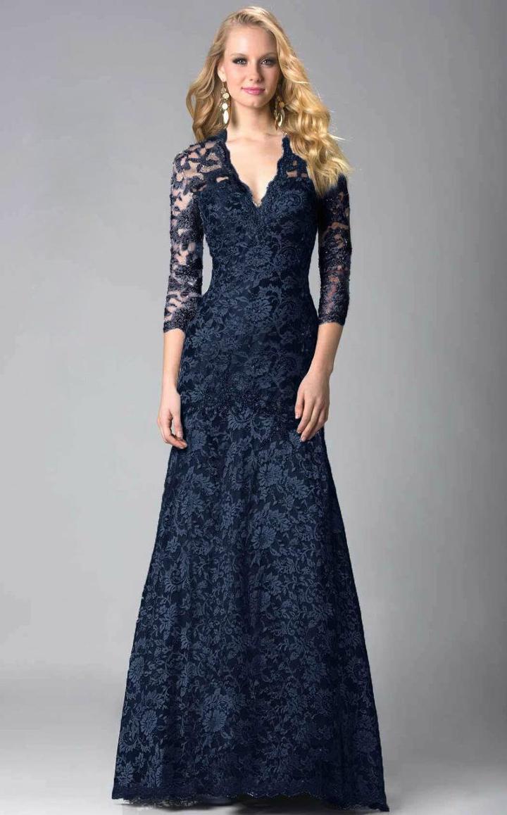 Feriani Couture - 18399 Classy Lace V-neck Evening Gown