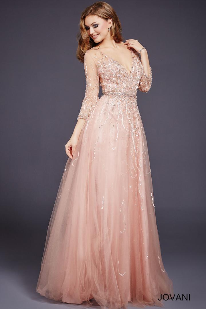 Jovani - 29084 Quarter Sleeve Ornate Illusion Tulle Gown