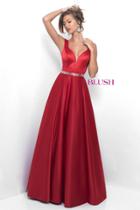 Blush - Svelte Plunging V-neck Satin A-line Gown 11330