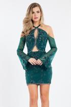 Rachel Allan Short - 4462 Beaded Sheer Bell Sleeve Sheath Dress