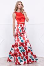 Sleeveless Red Crop Top And Floral Printed Mermaid Skirt Prom Dress