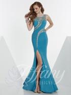 Tiffany Designs - Sheered Stone Embellished Slim Flare Gown 16084