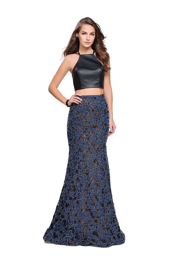 La Femme - 25602 Strappy Two Piece Halter Leather And Denim Gown