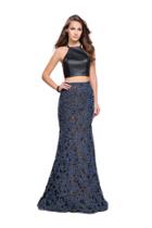 La Femme - 25602 Strappy Two Piece Halter Leather And Denim Gown
