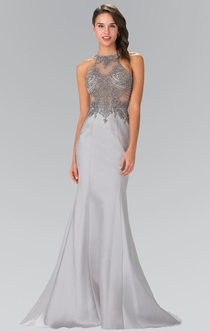 Elizabeth K - Embellished High Neck Jersey Trumpet Dress Gl2325