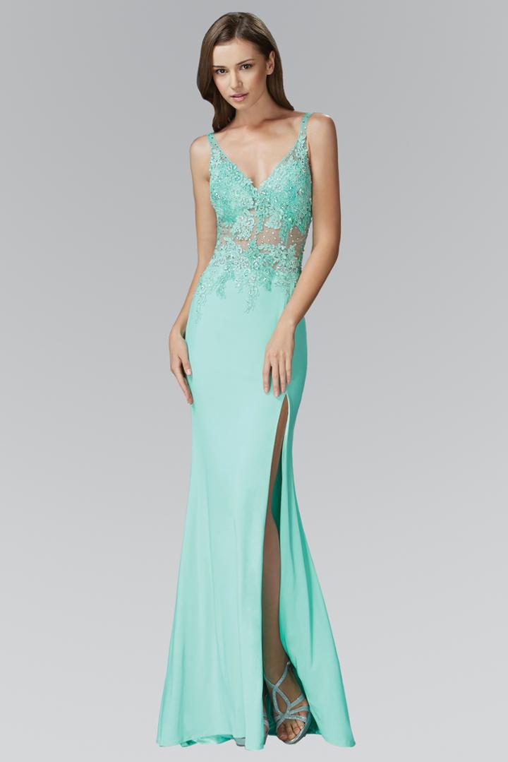 Elizabeth K - Sheer Lace Applique Sheath Gown Gl2052