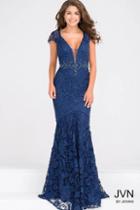 Jovani - Cap Sleeves Fitted Lace Dress Jvn43755