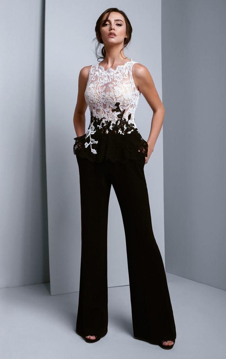 Beside Couture By Gemy - Bc1339 Lace Scalloped Jewel Crepe Jumpsuit