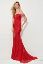 Angela And Alison - 81021 Bejeweled Off Shoulder Glitter Sheath Gown
