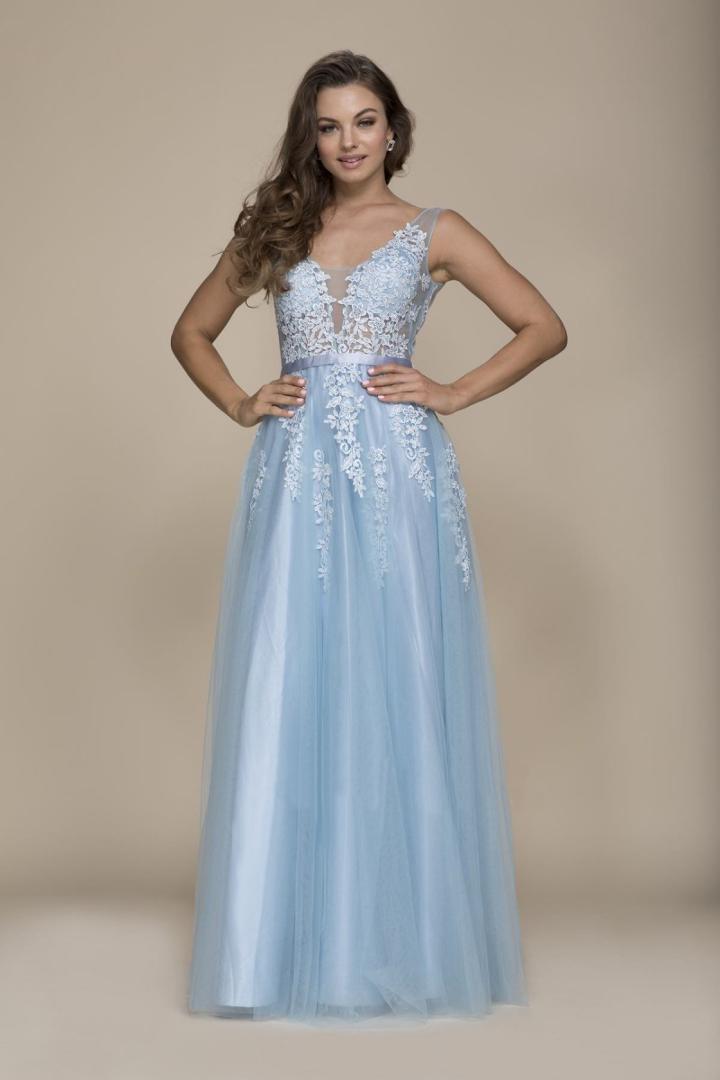 Nox Anabel - G035 V-neck Floral Lace Embellished A-line Gown