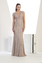 May Queen - Rq-7430 Cap Sleeve Lace Trim Evening Gown