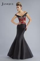 Janique - Embroidered Off-shoulder Crop Top Trumpet Evening Gown With Court Train Ja7004