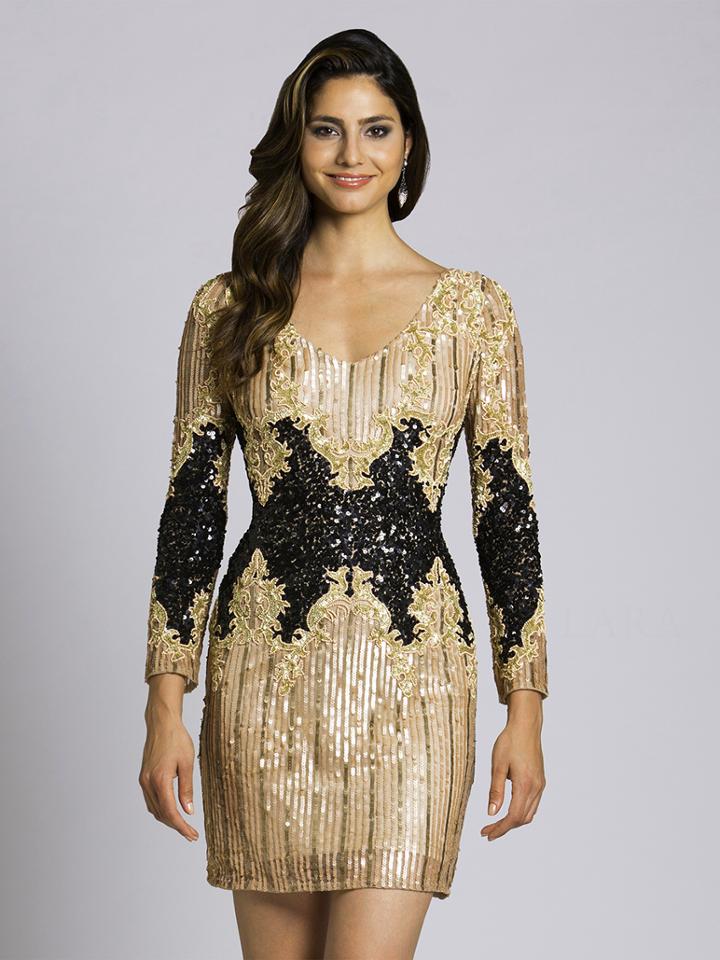 Lara Dresses - 33548 Long Sleeve Sequined Cocktail Dress
